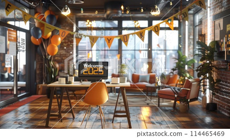 Festive office countdown to 2025 with balloons and clock. 2025 countdown 114465469