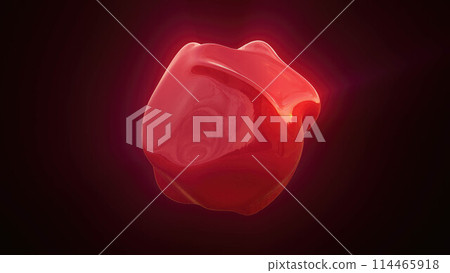 Red energy magic sphere round high-tech digital iridescent morphing ball of liquid metal with light rays lines and energy particles. Abstract background 114465918