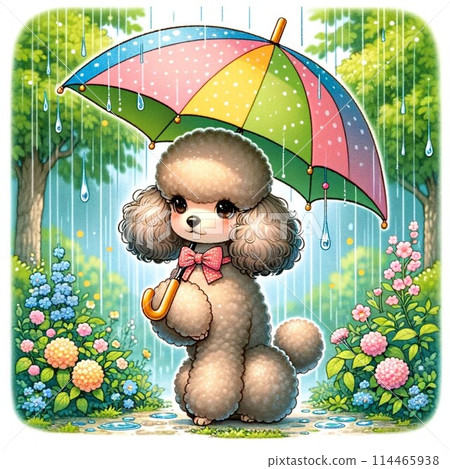 一隻可愛的小狗在雨中打傘的明信片 114465938