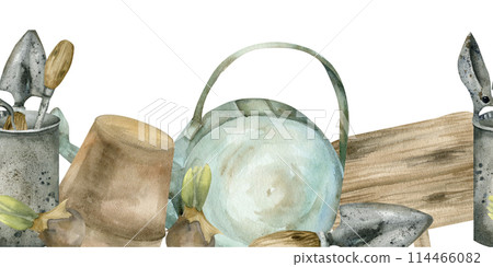Garden tools in metal old bucket, flower pot , watering can and wooden sign seamlesss border. Watercolor gardening equipment banner for floral shop, product packing, stationery,seed decor 114466082