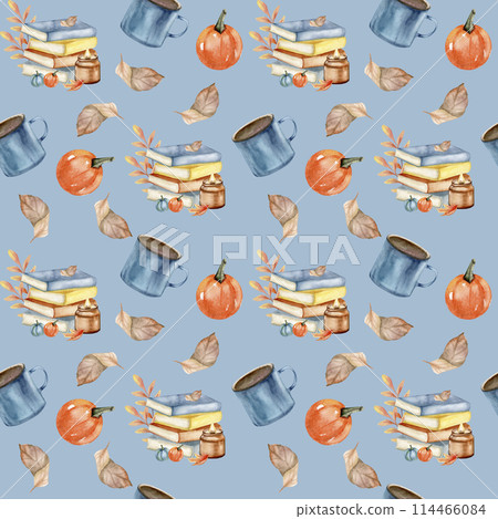 Autumn leaves, pumpkin, cup of coffee and composition with books seamless pattern on blue.Watercolor hand drawn background for studying stationery, notebook, fall festival decoration. Vintage Autumn leaves, pumpkin, cup of coffee and composition with books seamless pattern on blue.Watercolor hand drawn background for studying stationery, notebook, fall festival decoration. Vintage 114466084