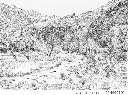 River running through the mountains 114466101