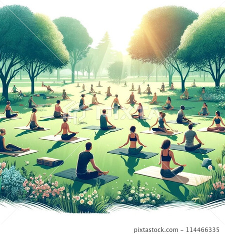 Illustration of a woman doing yoga poses outdoors 114466335