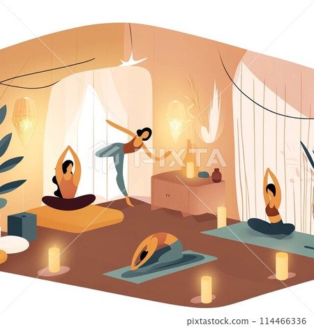 Illustration of a woman doing yoga poses indoors 114466336