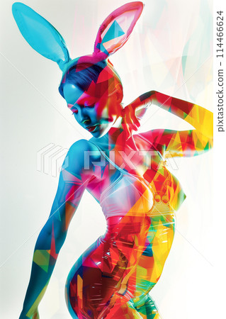 A woman in a colorful outfit with a rabbit headband 114466624