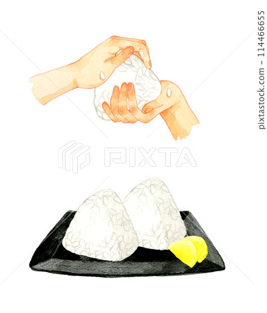 Making rice balls with white rice - Hand-drawn watercolor illustration of a person's hand and cooking 114466655