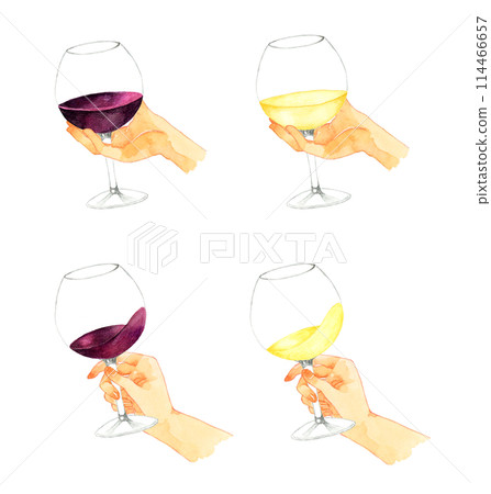 Hands holding glasses of white wine and red wine. Hand-drawn watercolor illustration of drinks (alcohol) Hands holding glasses of white wine and red wine. Hand-drawn watercolor illustration of drinks (alcohol) 114466657
