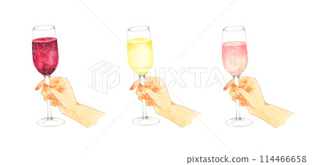 Hand holding a glass of sparkling wine Hand-drawn watercolor illustration of drink (alcohol) Hand holding a glass of sparkling wine Hand-drawn watercolor illustration of drink (alcohol) 114466658