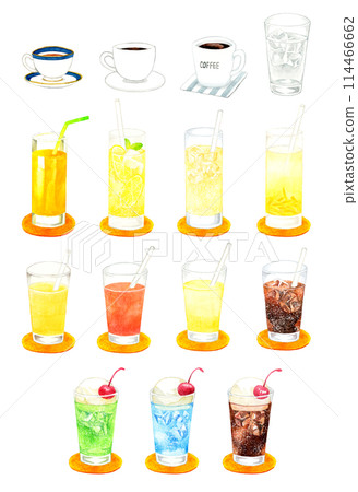 Juice, beverages and drinks set. A collection of hand-drawn watercolor illustrations of beverages and cafe menus. Juice, beverages and drinks set. A collection of hand-drawn watercolor illustrations of beverages and cafe menus. 114466662
