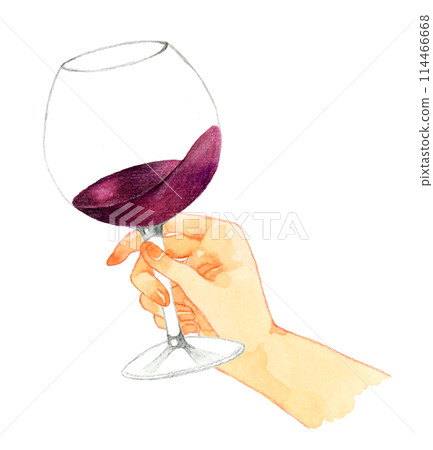 手拿著一杯紅酒，手繪水彩插圖的飲料（酒精） 114466668