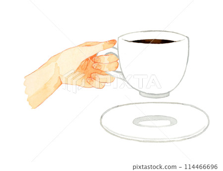 手持白杯,配上黑咖啡、手繪水彩插圖材料,用於飲料和咖啡館菜單 手持白杯,配上黑咖啡、手繪水彩插圖材料,用於飲料和咖啡館菜單 114466696
