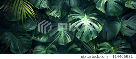 Closeup of Monstera leafs background suitable for wallpaper or to represent as backdrop or mockup. 114466981