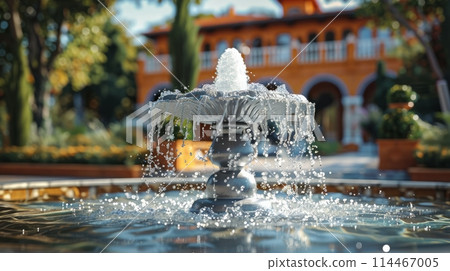 Fountain with luxury house background. Fountain with luxury house background. 114467005