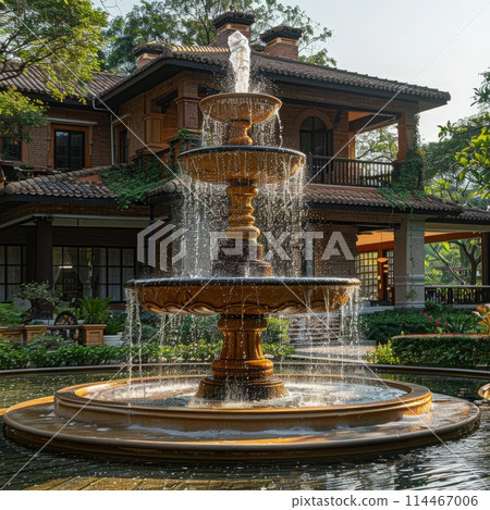 Fountain with luxury house background. Fountain with luxury house background. 114467006