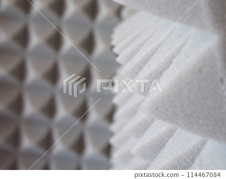 Studio Insulation Foam. Pyramid-shaped grey foam for audio noise reduction. Studio Insulation Foam. Pyramid-shaped grey foam for audio noise reduction. 114467084