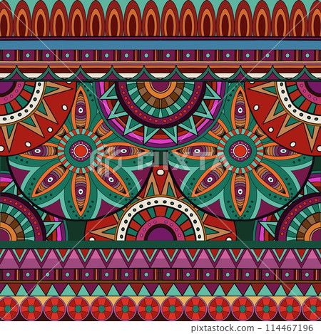 cultural heritage of Red Indian ethnic with our stunning ethnic pattern essence of tradition and vitality. Each design stands out with its bold and bright colors, promising to add a touch of vibrancy  114467196