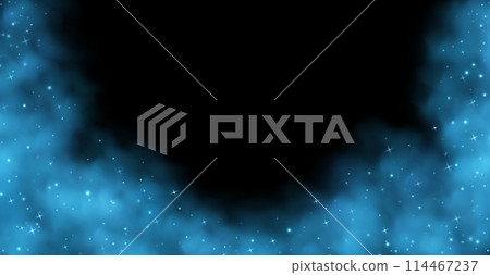 Blue magic smoke with stars and sparkles, fog with glowing particles, colorful vapor with star dust. 114467237