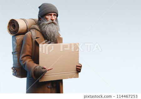 Sad man tramp holding an empty cardboard. Place for text. Sad man tramp holding an empty cardboard. Place for text. 114467253