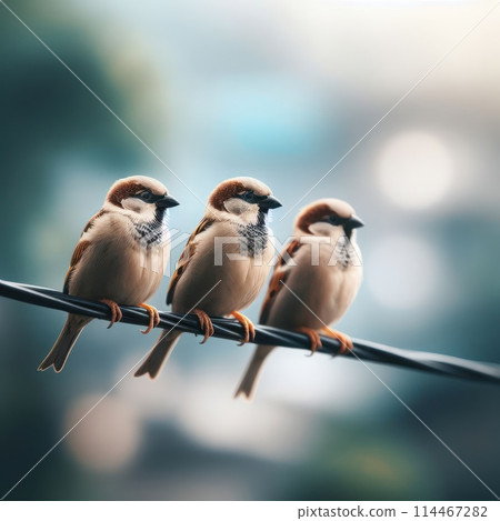 Birds sitting on a wire. 114467282