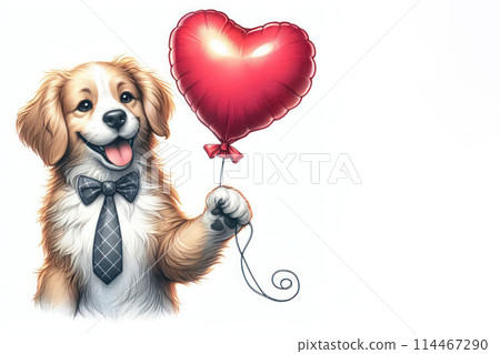 Happy dog with a balloon in the shape of a heart. Space for text. Happy dog with a balloon in the shape of a heart. Space for text. 114467290