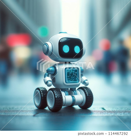 A small robot on a city street. A small robot on a city street. 114467292