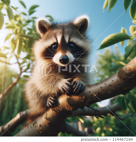 A raccoon sitting on a tree branch. 114467294