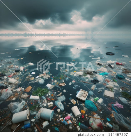 Garbage floating in the water against the background of a big city seen in the distance. 114467297