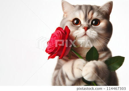 Cute cat holding a red rose in his paws. Space for text. 114467303