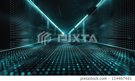 Dark futuristic room background, empty space with digital dots, perspective view of wireframe. Concept of future, grid, wire, virtual reality, game 114467481