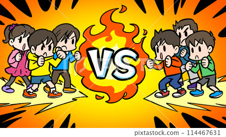 Illustration of children facing off in a 3 vs 3 battle Illustration of children facing off in a 3 vs 3 battle 114467631