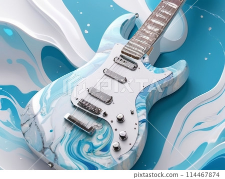 白色和淺藍色大理石圖案電吉他 114467874