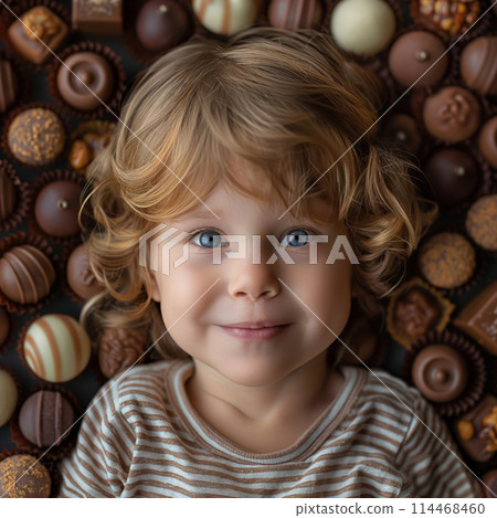 Children with beautiful eyes surrounded by various types chocolates. Child delight sweets concept 114468460