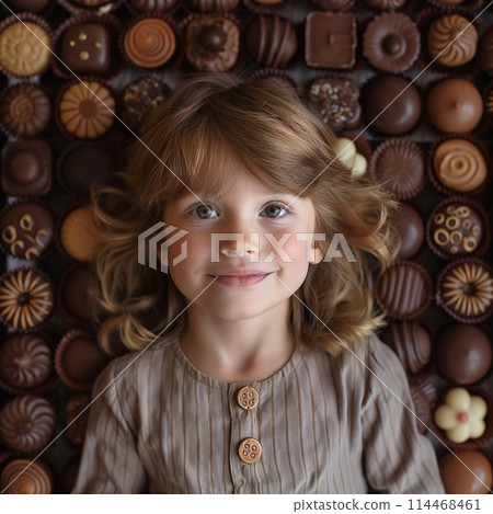 Children with beautiful eyes surrounded by various types chocolates. Child delight sweets concept 114468461