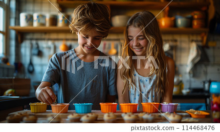 Two siblings in kitchen with freshly baked cupcakes, sharing joyful moment. Family cooking concept 114468476