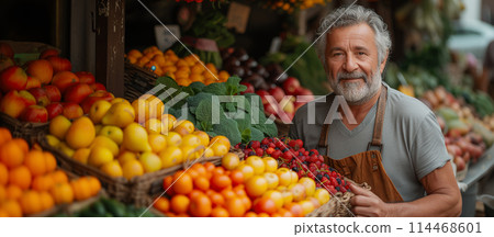 Smiling senior man vendor fruit market stall variety fresh produce. Outdoor market vendor portrait 114468601