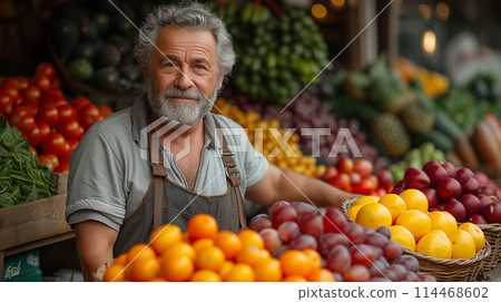 Smiling senior man vendor fruit market stall variety fresh produce. Outdoor market vendor portrait 114468602