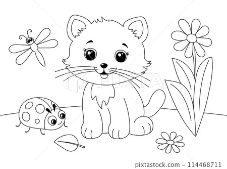 Coloring book page with cute cat sitting in grass. 114468711