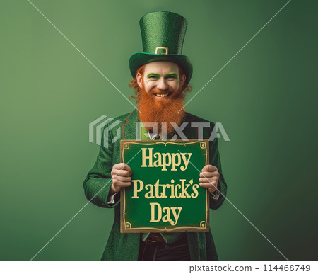 Man hat green traditional Irish attire holding Happy St. Patrick's Day sign. Copy space. 114468749