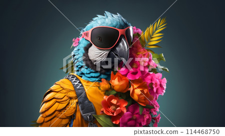 Portrait of hyperrealistic cyberpunk African blue parrot bird character wearing sunglasses holding bouquet of flowers on minimal background. Modern pop art illustration 114468750