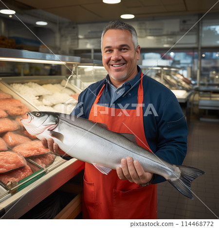 Cheerful seller holds big fish in market. Market shopping concept, copy space, design advertising 114468772