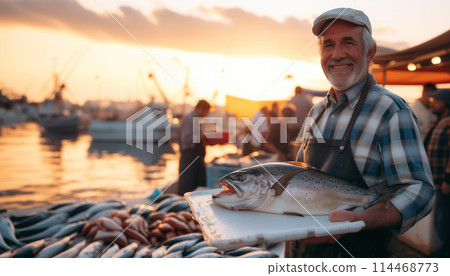 Fishmonger with fresh catch fish market. Healthy seafood concept for design and lifestyle 114468773