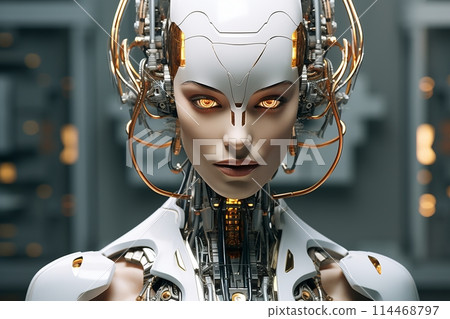 A closeup of a sophisticated woman female robot macjine with golden eyes and intricate headgear. Futuristic technology concept 114468797
