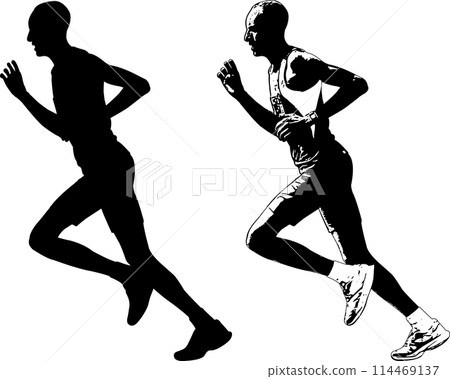 marathon runner sketch and silhouette - vector marathon runner sketch and silhouette - vector 114469137
