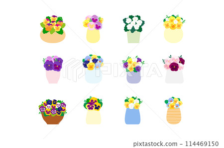 Illustration set of pansies and violas in a vase Illustration set of pansies and violas in a vase 114469150