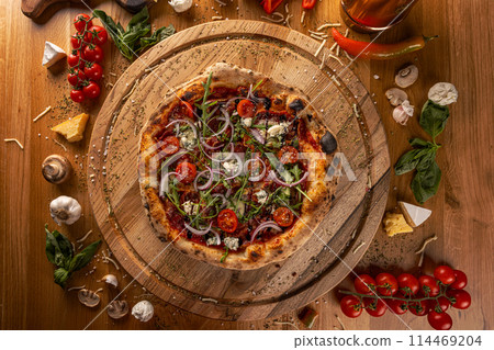 Gourmet pizza with fresh toppings Gourmet pizza with fresh toppings 114469204