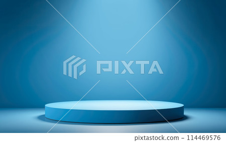 product podium 3d. Empty podium or pedestal display on blue background with cylinder stand. Blank product shelf standing backdrop. 3D rendering. product podium 3d. Empty podium or pedestal display on blue background with cylinder stand. Blank product shelf standing backdrop. 3D rendering. 114469576