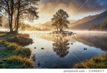 Beautiful autumn forest scene. Morning fog on lake, sunrise. Colorful morning view on foggy lake and mountains at sunrise time. Beauty of nature concept background Beautiful autumn forest scene. Morning fog on lake, sunrise. Colorful morning view on foggy lake and mountains at sunrise time. Beauty of nature concept background 114469577