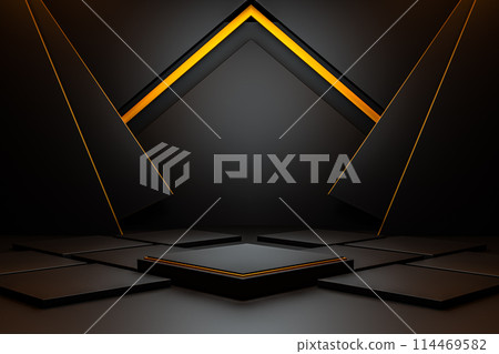 product presentation podium. Modern showcase stage with ambient golden illumination, designed to exclusive products, striking contrast with its shadowy surroundings product presentation podium. Modern showcase stage with ambient golden illumination, designed to exclusive products, striking contrast with its shadowy surroundings 114469582