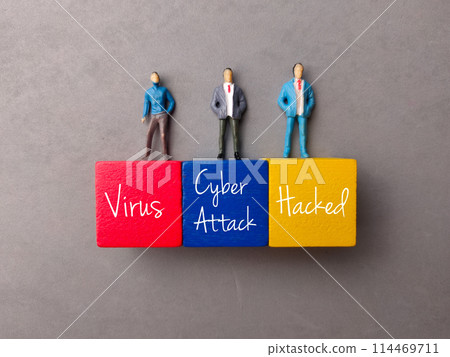 Top view miniature people and colored block with text Virus Cyber Attack Hacked on a gray background. 114469711