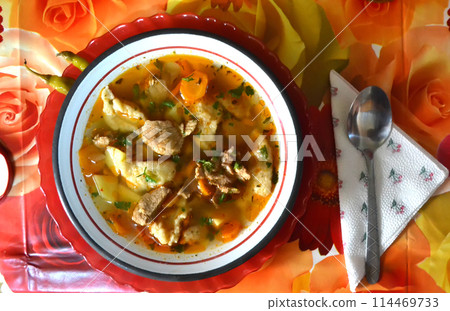 Hot vegetable and meat soup 114469733